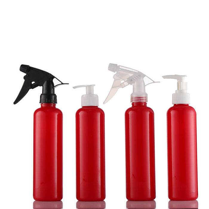 250ml red PCR round recycled bottles with sprayers